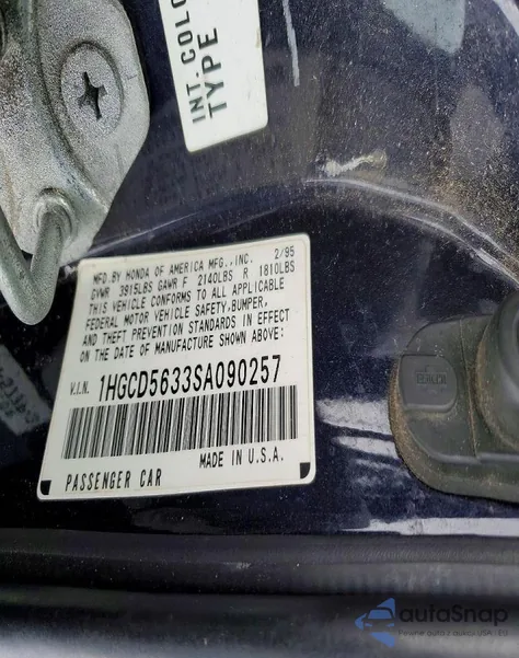 1995 Honda Accord Lx из США, поврежденный, VIN 1HGCD5633SA090257